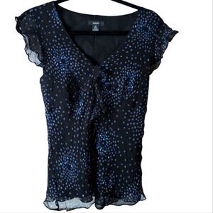 Alfani Black Blue Flutter Sleeve Silk Babydoll Y2K Top Size 10